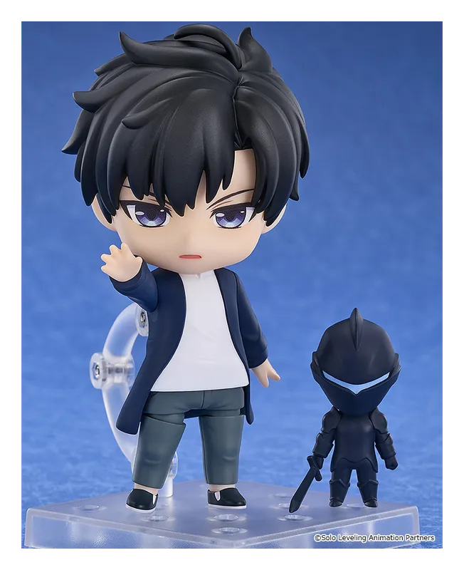 Nendoroid Sung Jinwoo figure waving beside a small shadow soldier figure