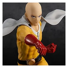 Close-up of the POP UP PARADE Saitama figure in his yellow hero suit and white cape