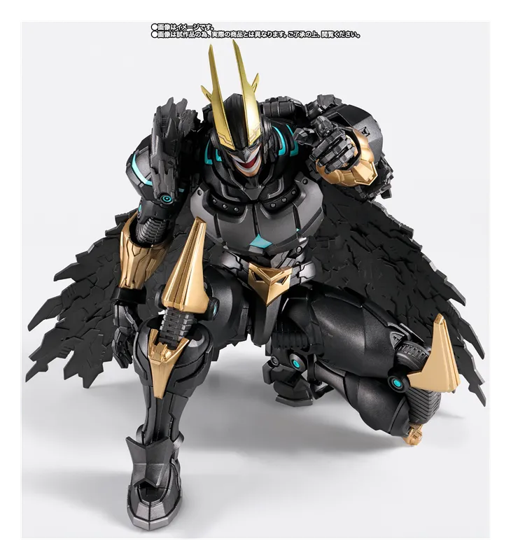 S.H.Figuarts Armored All Might figure kneeling in a low pose with its black wings around it