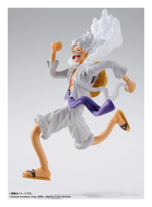 S.H.Figuarts Monkey D. Luffy Gear 5 figure running with white hair and cloud effects
