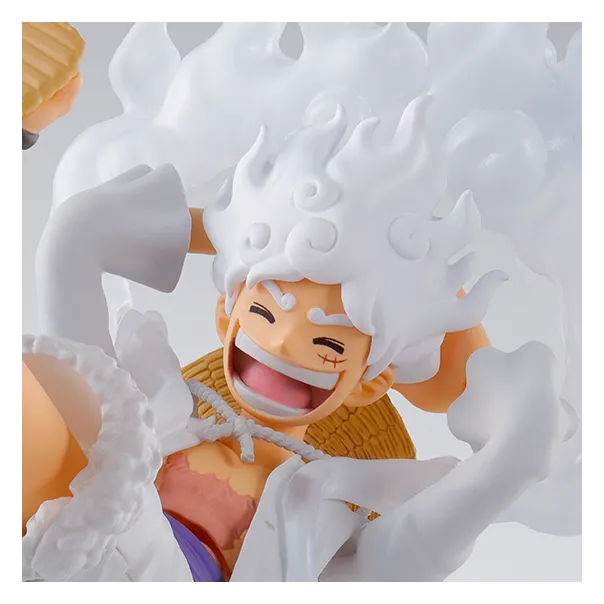 Close-up of the S.H.Figuarts Luffy Gear 5 figure laughing with his straw hat
