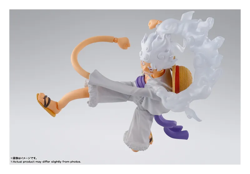 S.H.Figuarts Luffy Gear 5 figure stretching a rubber arm with effect parts