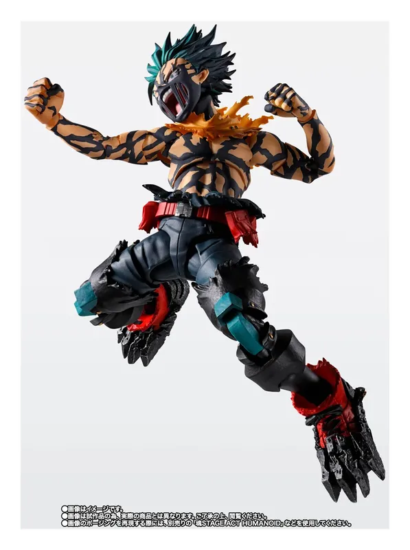 S.H.Figuarts Overlay Deku figure leaping with fists raised and an orange scarf