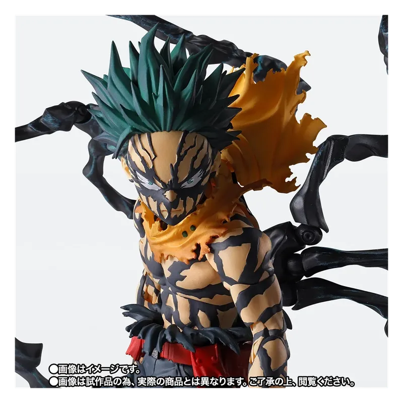 Close-up of the S.H.Figuarts Overlay Deku figure's face, green hair, and cracked dark markings