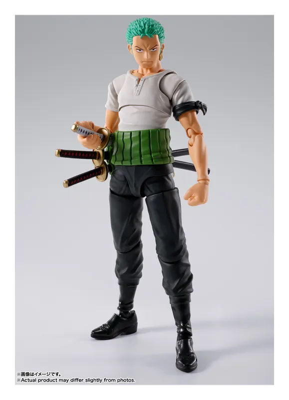 S.H.Figuarts Roronoa Zoro Romance Dawn figure with three katanas at his green sash, front view