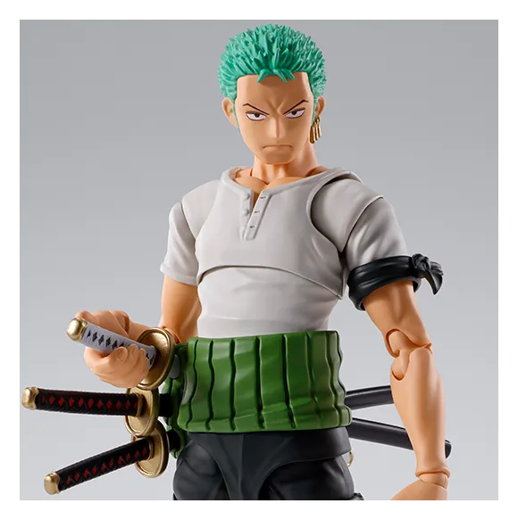 Close-up of the S.H.Figuarts Roronoa Zoro figure's face and sword hilts