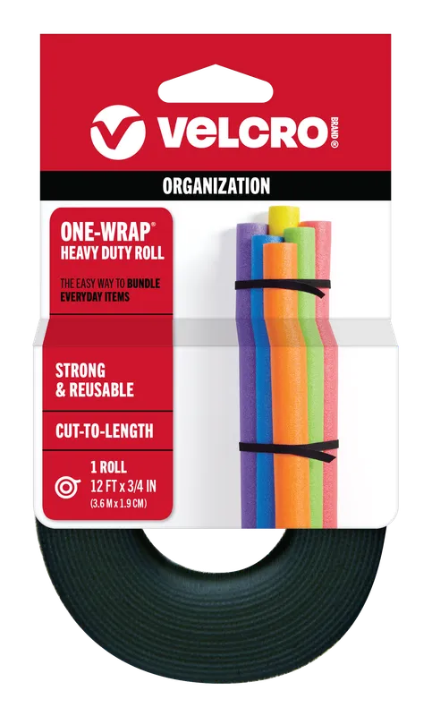 VELCRO Brand ONE-WRAP Heavy Duty Roll, 12 ft black cut-to-length strap in retail packaging