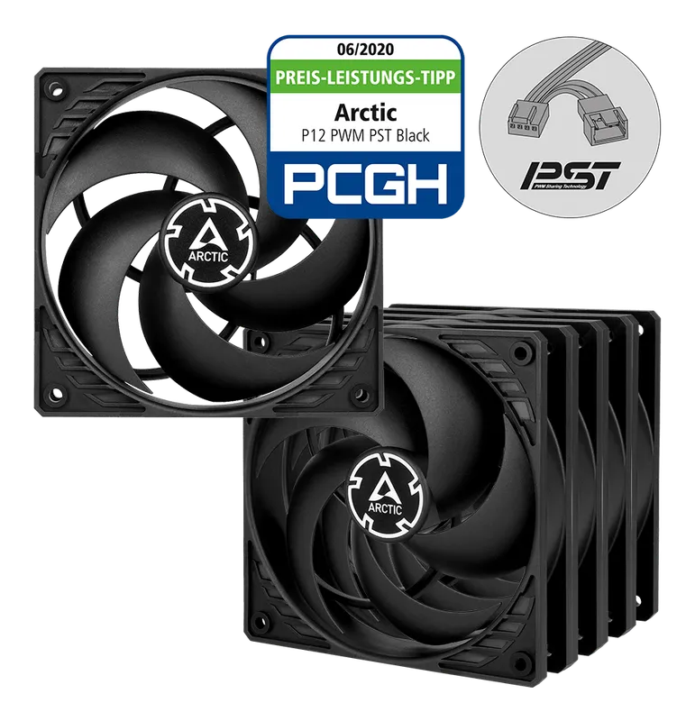Arctic P12 PWM PST black 120 mm fans in a 5-pack, with PCGH value award badge