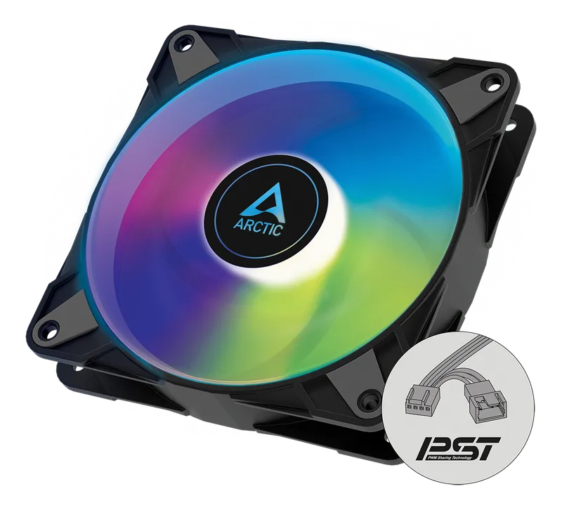 Arctic P12 PWM PST A-RGB 120 mm fan lit up in rainbow colors