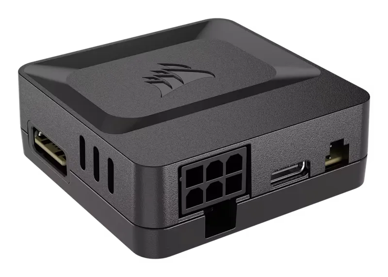 Corsair iCUE LINK System Hub, a small black box with power and USB ports