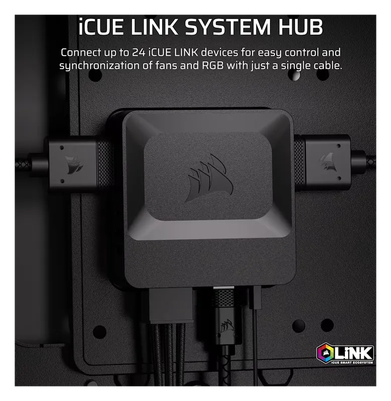 Corsair iCUE LINK System Hub mounted behind a PC motherboard tray