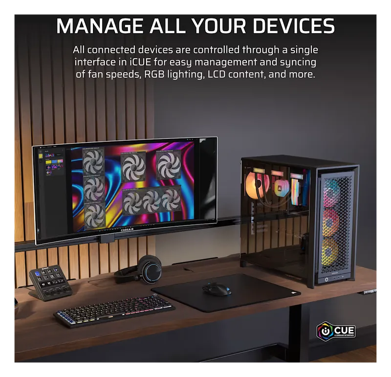 Gaming desk with a Corsair PC and iCUE software controlling fans and RGB