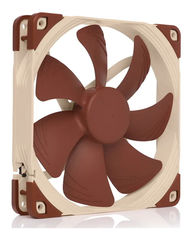 Noctua NF-A14 PWM 140 mm fan in beige and brown, angled view