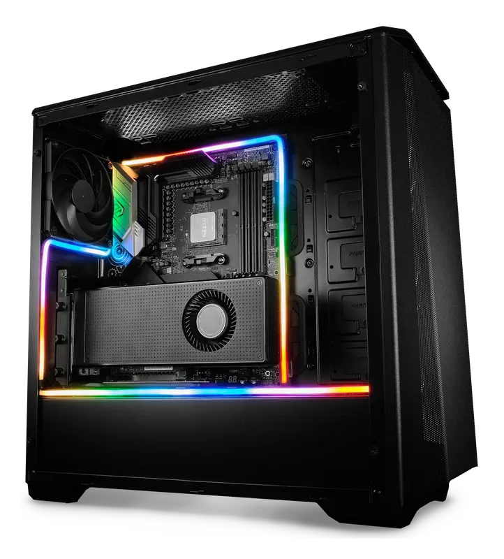 Black PC case lit by Phanteks NEON rainbow LED strips around the motherboard and GPU