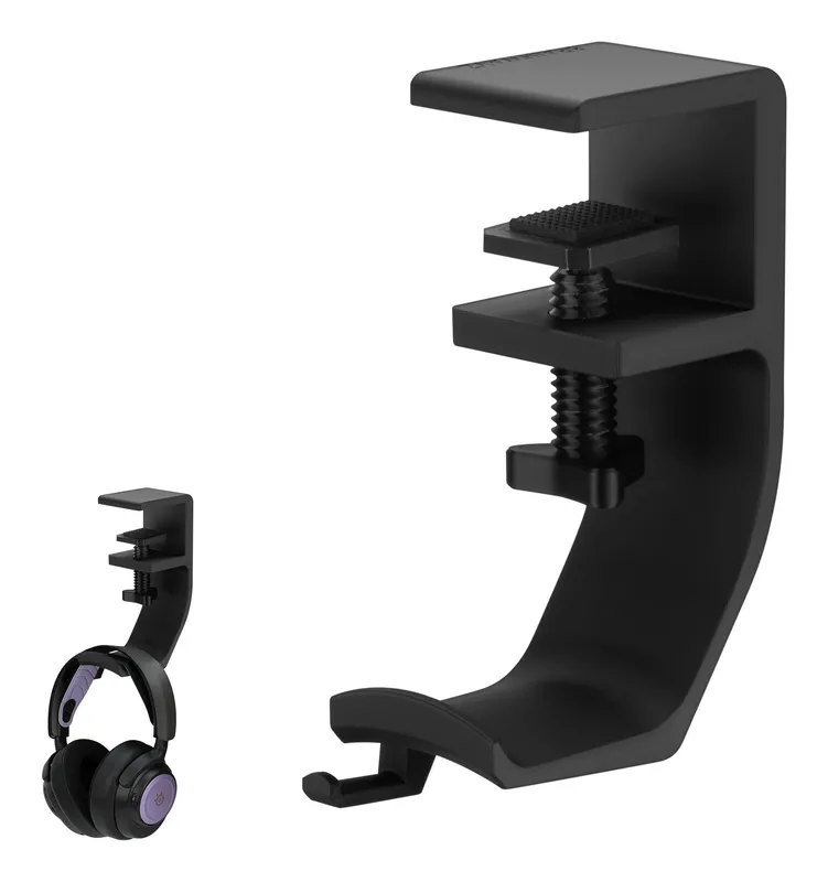 Brainwavz Claw under-desk headphone hanger in black, holding headphones