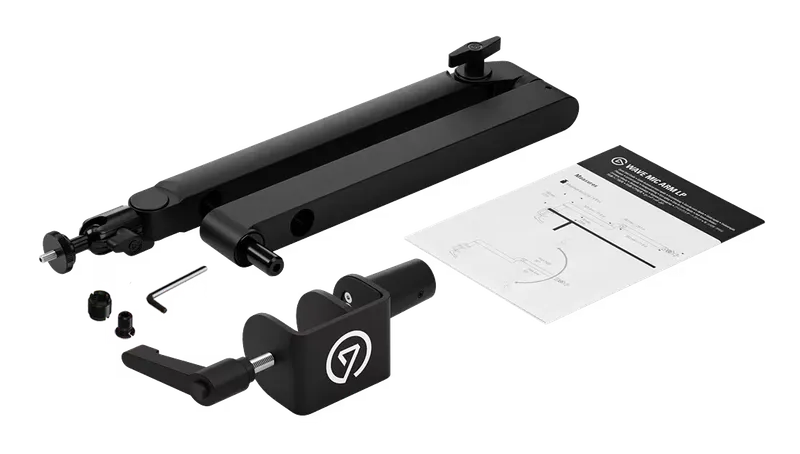 Elgato Wave Mic Arm LP parts: arm, desk clamp, hardware and instructions