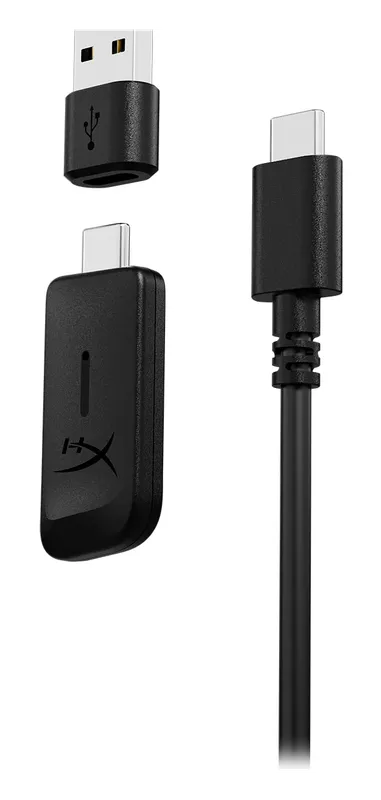 HyperX Cloud III S Wireless USB dongle, USB-C adapter, and charging cable