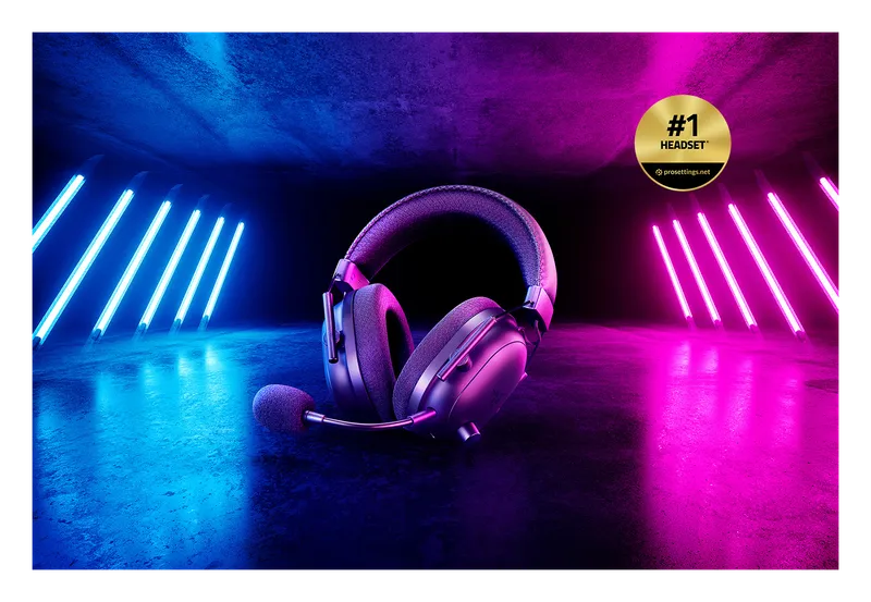 Razer BlackShark V2 Pro headset in a neon-lit room