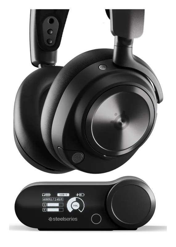 SteelSeries Arctis Nova Pro Wireless headset with its base station