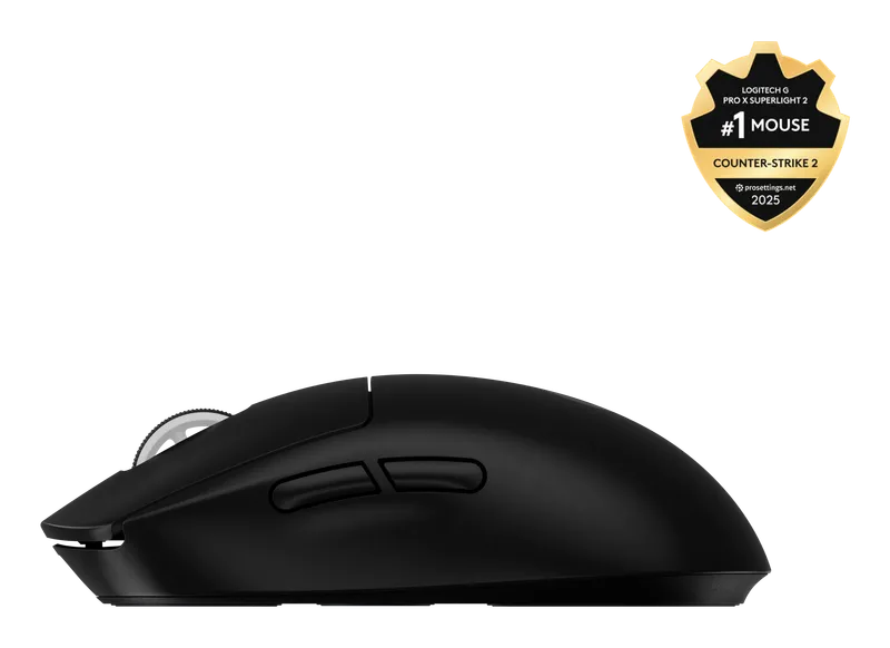Logitech G Pro X Superlight 2 mouse, left side view with thumb buttons