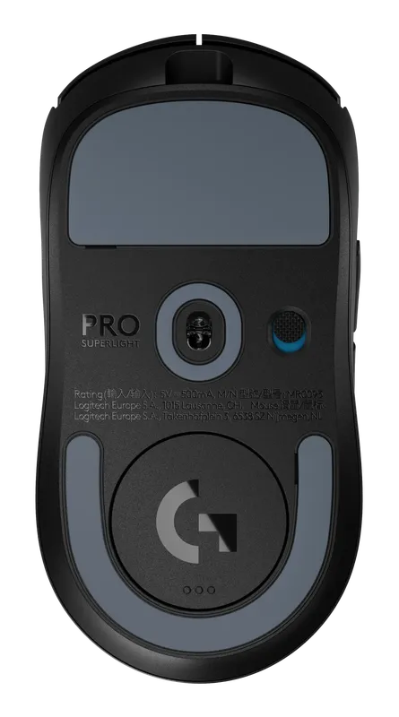 Underside of the Logitech G Pro X Superlight 2 mouse with its sensor and feet