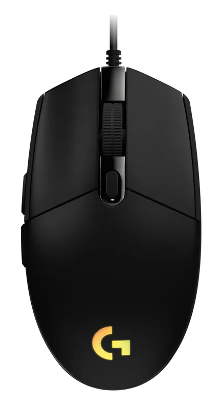 Logitech G203 Lightsync wired gaming mouse in black with glowing G logo