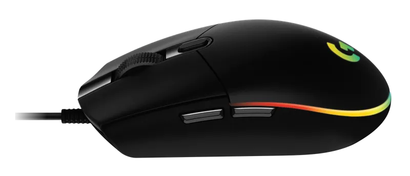 Logitech G203 Lightsync mouse, side view with RGB lighting