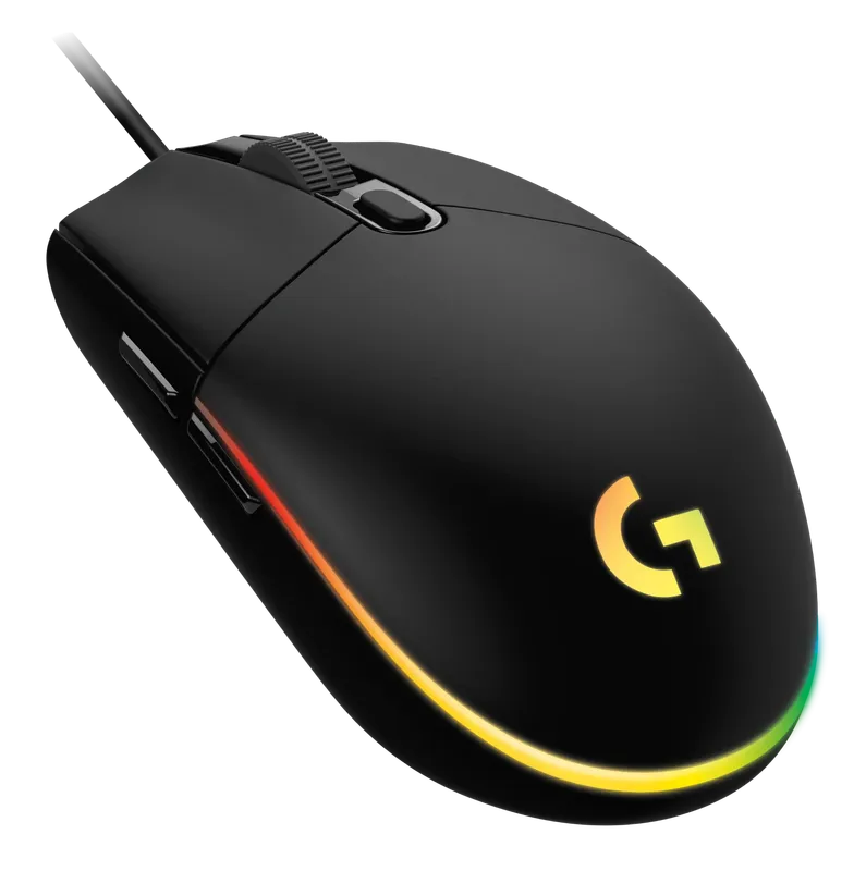 Logitech G203 Lightsync mouse with rainbow RGB lighting, angled view