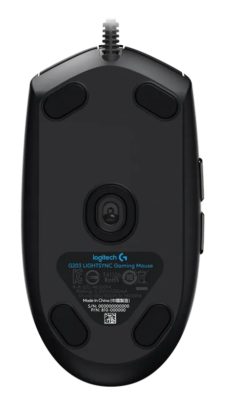 Underside of the Logitech G203 Lightsync mouse