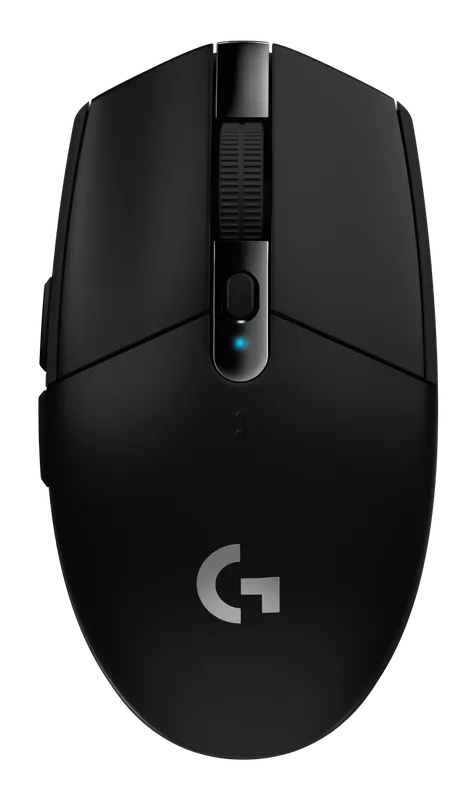 Logitech G305 Lightspeed wireless gaming mouse in black, top view