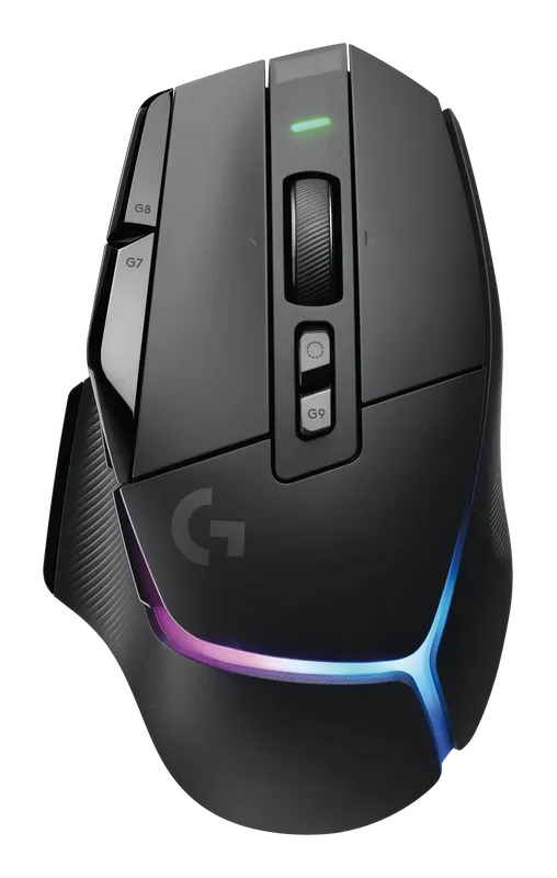 Logitech G502 X Plus wireless gaming mouse with RGB strip, top view