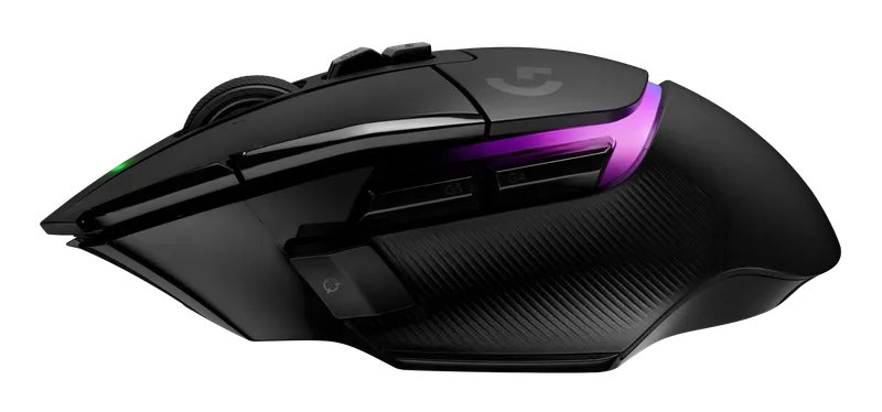 Logitech G502 X Plus mouse, side view with thumb rest and buttons
