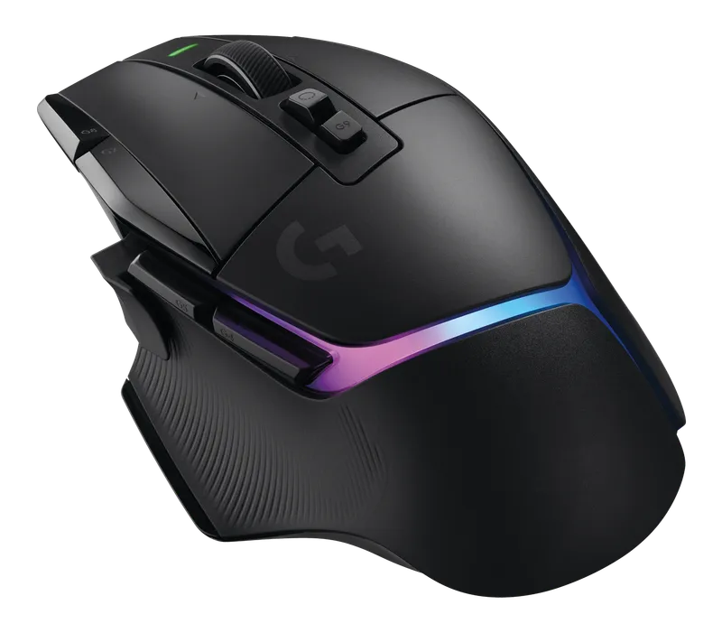 Logitech G502 X Plus mouse, angled view with RGB lighting