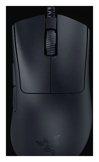 Razer DeathAdder V3 mouse, close top view on a black background