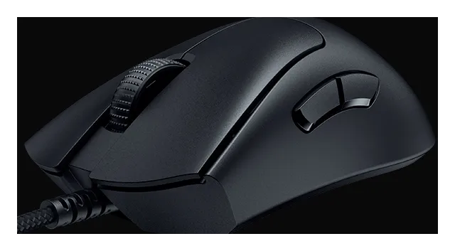 Razer DeathAdder V3 mouse, angled side view showing the side buttons