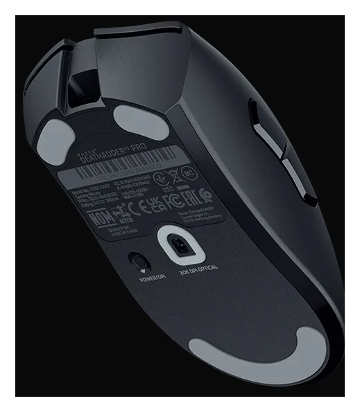 Underside of the Razer DeathAdder V3 Pro mouse with PTFE feet