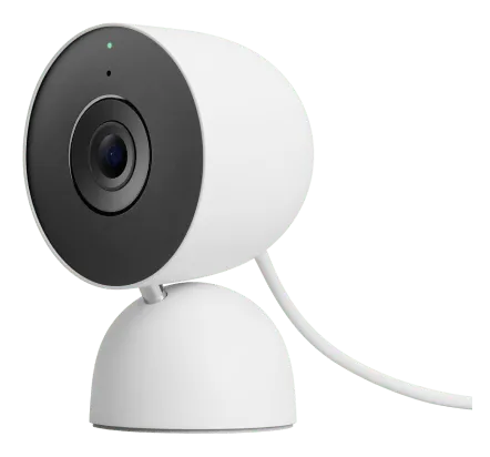 Google Nest Cam Indoor (Wired, 3rd Gen) in white on its stand