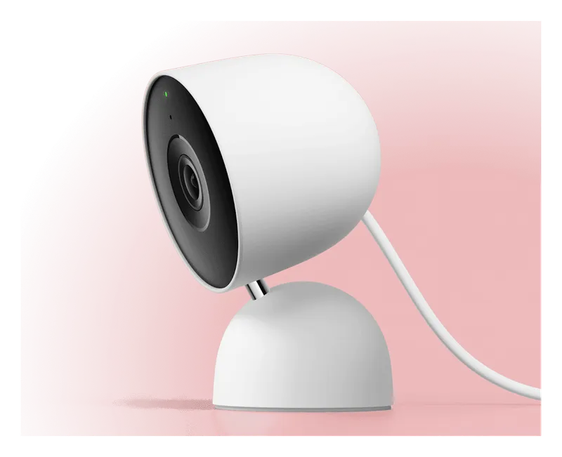 Google Nest Cam Indoor (Wired, 3rd Gen) on its stand, side view