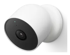 Google Nest Cam (Battery) white security camera on its magnetic wall mount