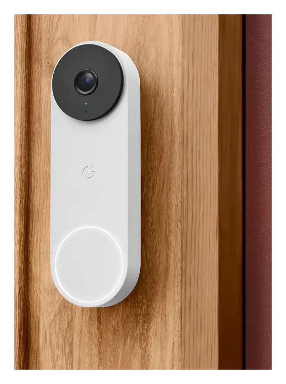 Google Nest Doorbell (Wired, 3rd Gen) in white on a wooden door frame