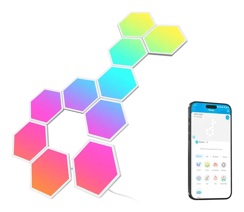 Govee Glide Hexa Light Panels glowing in gradient colors with the app