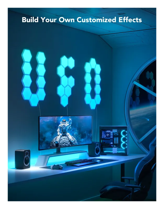 Govee Glide Hexa panels arranged into custom shapes above a desk