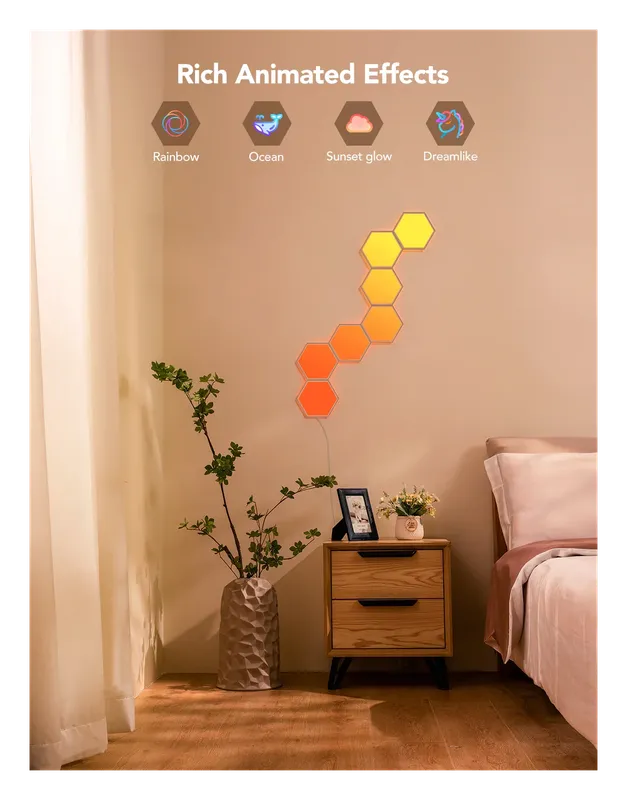 Govee Glide Hexa panels in warm colors in a bedroom