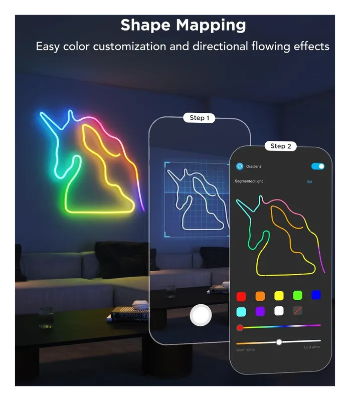 Govee Neon Rope Light 2 shaped into a unicorn, with app shape mapping