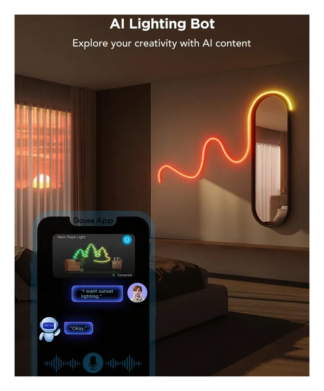 Govee Neon Rope Light 2 on a living room wall with the AI lighting app