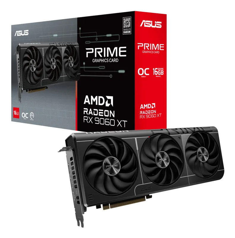 ASUS Prime Radeon RX 9060 XT OC 16 GB graphics card with its retail box