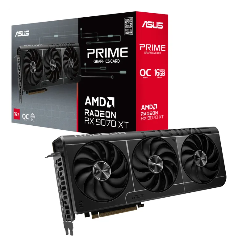 ASUS Prime Radeon RX 9070 XT OC graphics card with its retail box