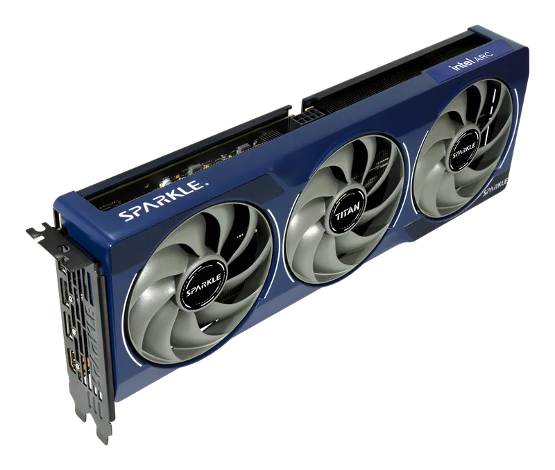 Sparkle Intel Arc B580 Titan OC triple-fan graphics card in blue