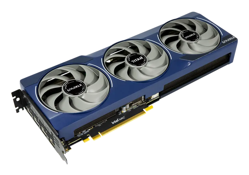Sparkle Intel Arc B580 Titan OC graphics card, angled top view