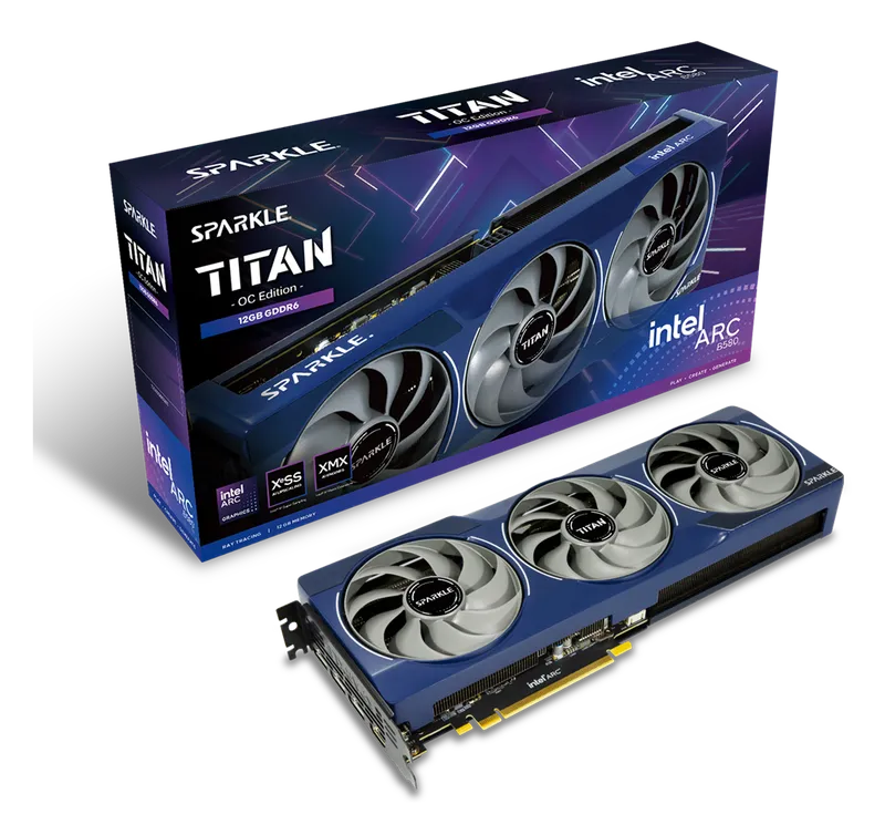 Sparkle Intel Arc B580 Titan OC graphics card with its retail box